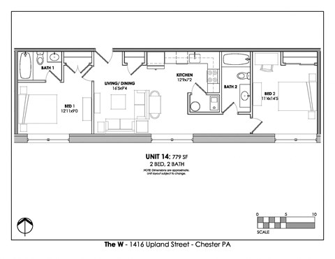 Floor plan for 2 beds, 2 baths, 779 sqft